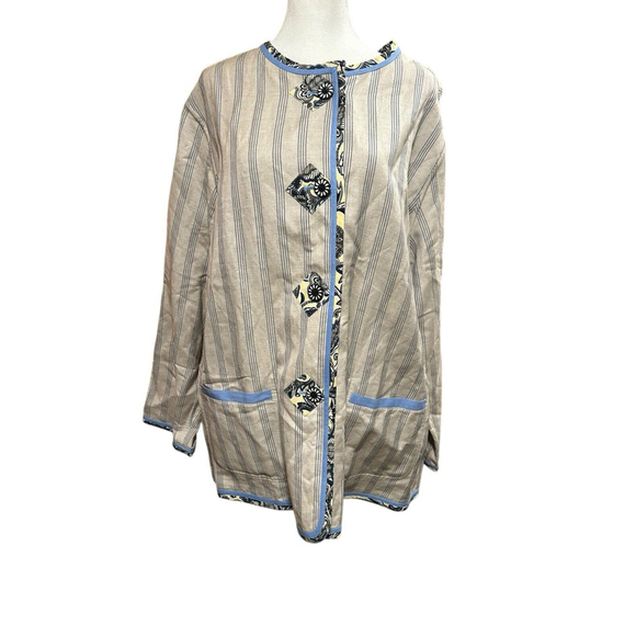 Koos Of Course Linen Blend Reversible Jacket 1X Blue Ivory Button Up Pockets - Picture 1 of 4